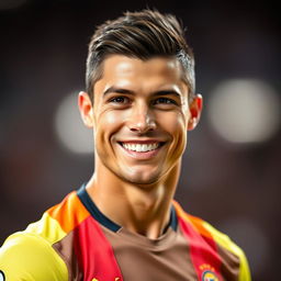 A close-up portrait of a male soccer player, resembling Cristiano Ronaldo, wearing a bright and modern sports uniform, looking directly at the camera with a big, confident smile