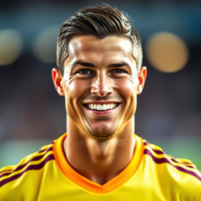 A close-up portrait of a male soccer player, resembling Cristiano Ronaldo, wearing a bright and modern sports uniform, looking directly at the camera with a big, confident smile