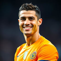 A close-up portrait of a male soccer player, resembling Cristiano Ronaldo, wearing a bright and modern sports uniform, looking directly at the camera with a big, confident smile