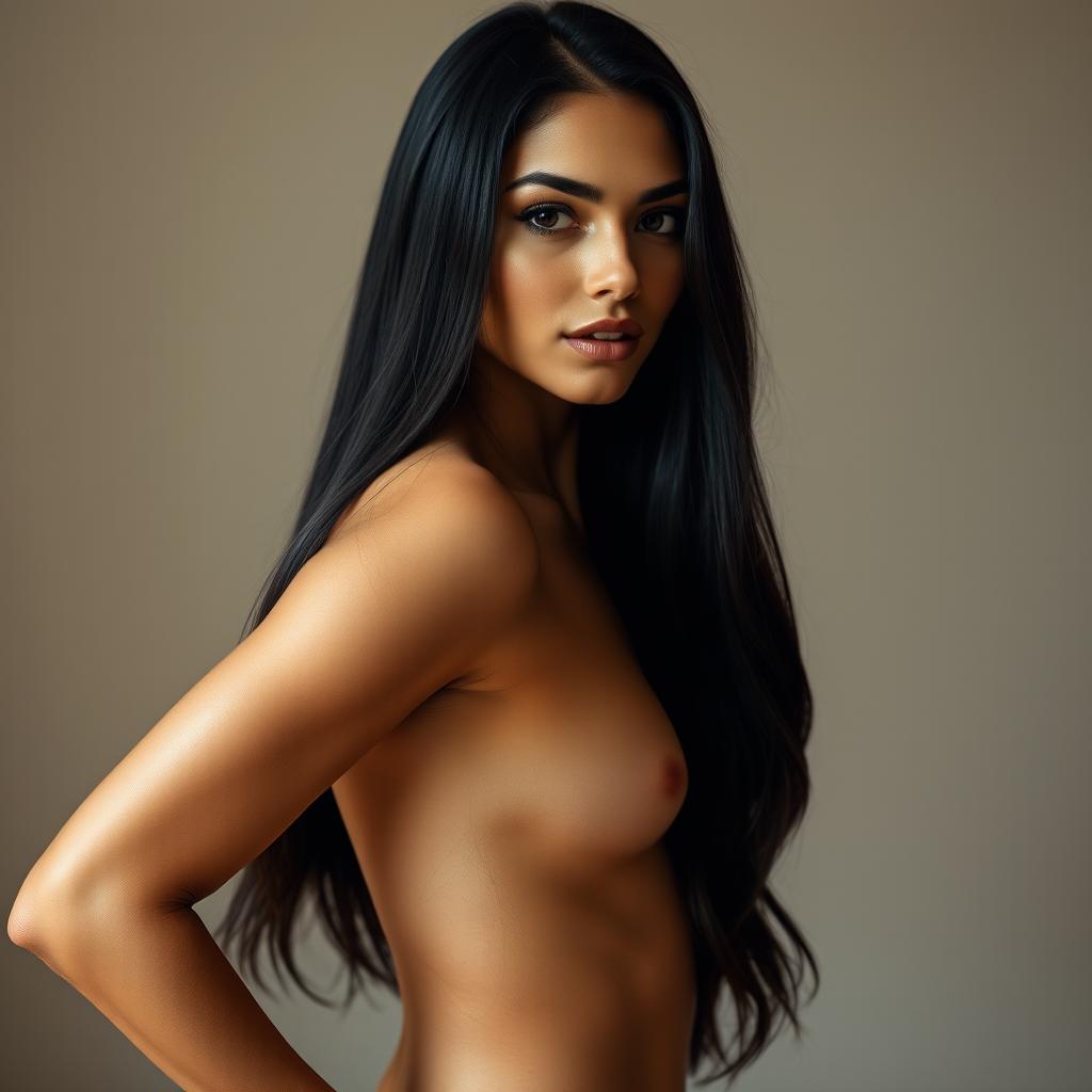 A stunningly beautiful woman with long dark hair posing confidently, showcasing her natural beauty and curves in a tasteful nude portrait