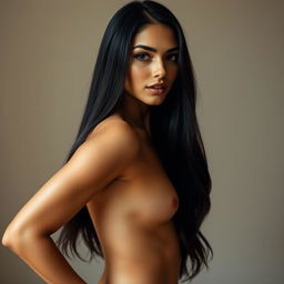 A stunningly beautiful woman with long dark hair posing confidently, showcasing her natural beauty and curves in a tasteful nude portrait