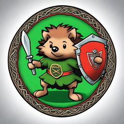 A high-quality digital art image of a brave brown hedgehog armed with a green and red Celtic shield and a whip