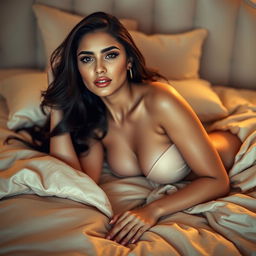 A stunning portrait of a confident and alluring woman, inspired by the beauty of Chloe Khan, lying on a plush, elegantly styled bed