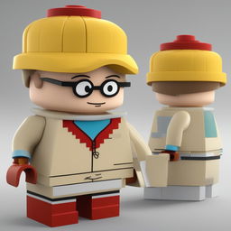 A high-quality, digital 3D render of a Lego character designed as Eric Cartman from South Park