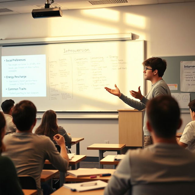 A student giving a lecture about introversion in a university classroom setting, standing in front of a whiteboard filled with notes and diagrams about introversion and its characteristics