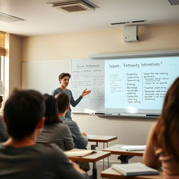 A student giving a lecture about introversion in a university classroom setting, standing in front of a whiteboard filled with notes and diagrams about introversion and its characteristics