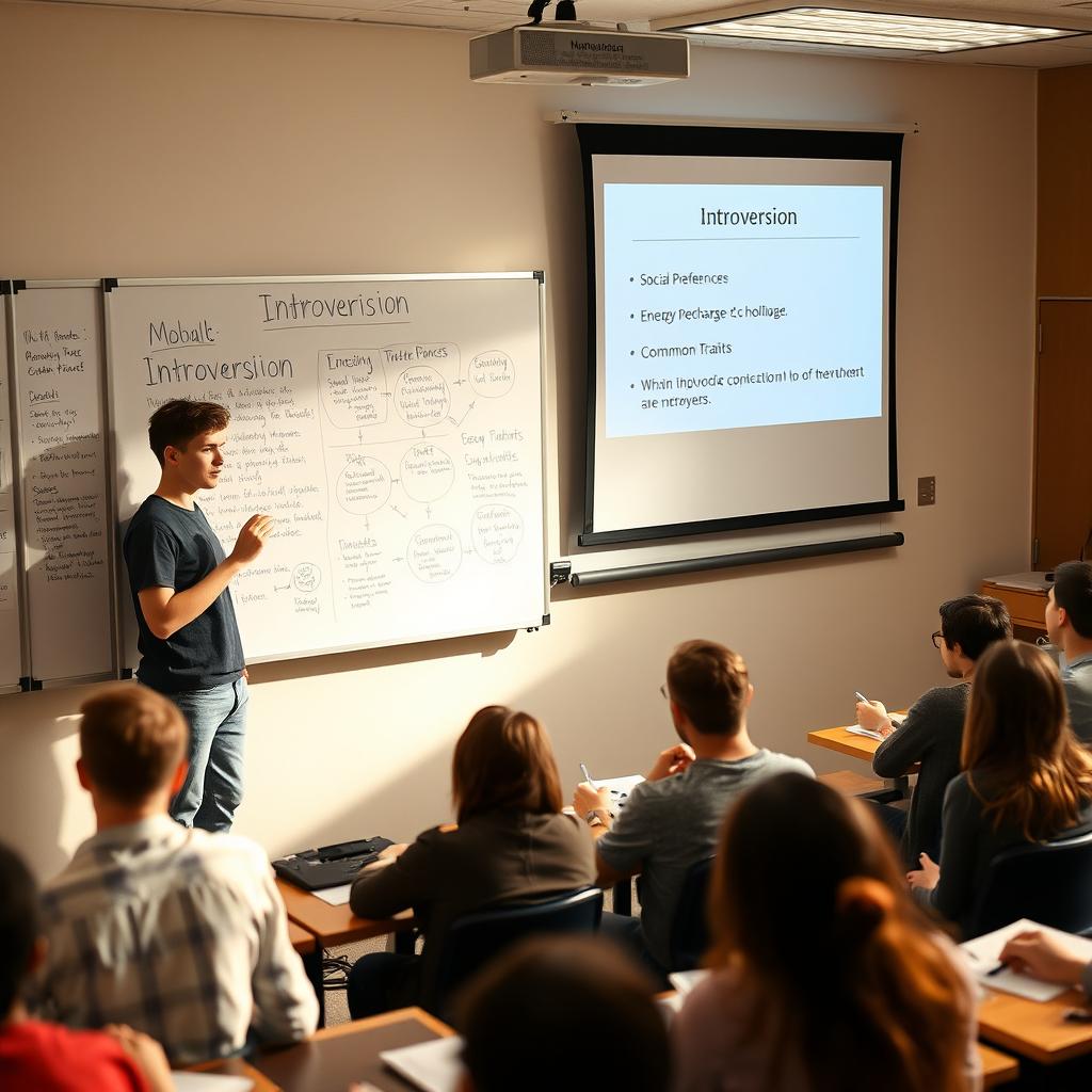 A student giving a lecture about introversion in a university classroom setting, standing in front of a whiteboard filled with notes and diagrams about introversion and its characteristics