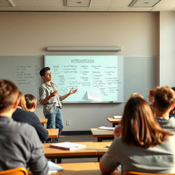 A student giving a lecture about introversion in a university classroom setting, standing in front of a whiteboard filled with notes and diagrams about introversion and its characteristics