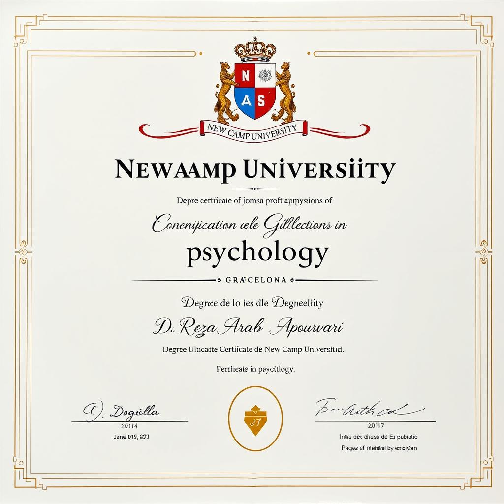 A degree certificate in psychology from New Camp University in Barcelona, held by Dr