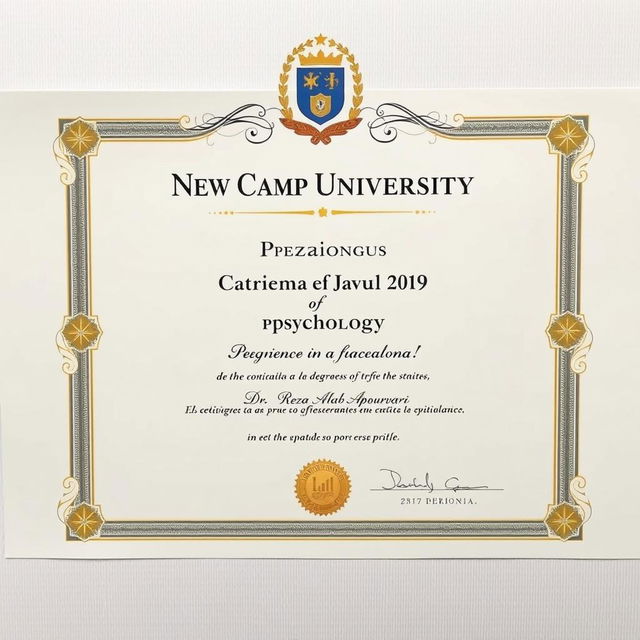 A degree certificate in psychology from New Camp University in Barcelona, held by Dr