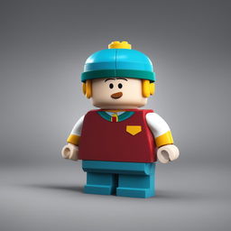 A high-quality, digital 3D render of a Lego character designed as Eric Cartman from South Park