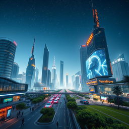 A futuristic cityscape featuring a stunning skyline with towering skyscrapers, bright neon lights, and flying cars whizzing by