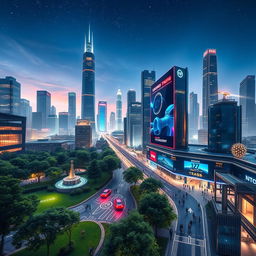 A futuristic cityscape featuring a stunning skyline with towering skyscrapers, bright neon lights, and flying cars whizzing by