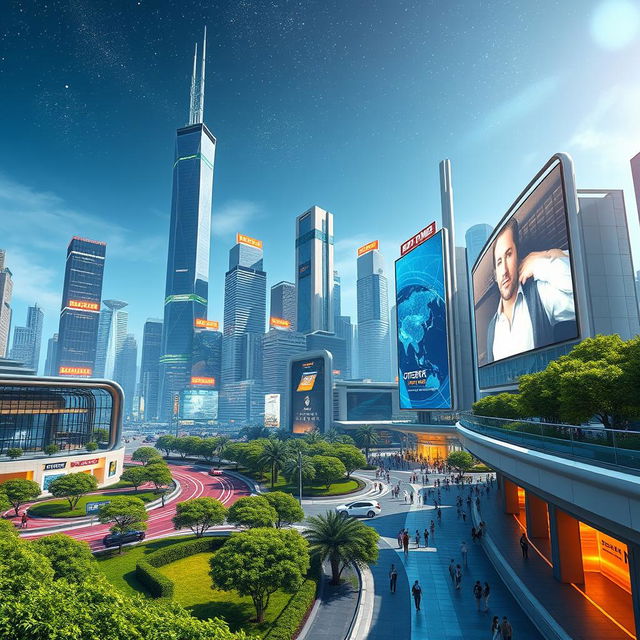 A futuristic cityscape featuring a stunning skyline with towering skyscrapers, bright neon lights, and flying cars whizzing by