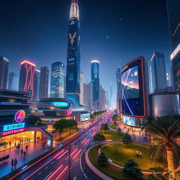 A futuristic cityscape featuring a stunning skyline with towering skyscrapers, bright neon lights, and flying cars whizzing by
