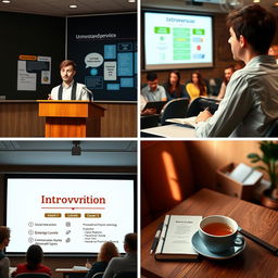 A series of images depicting various aspects of a lecture about introversion