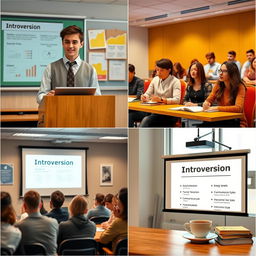 A series of images depicting various aspects of a lecture about introversion