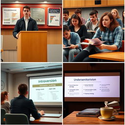 A series of images depicting various aspects of a lecture about introversion