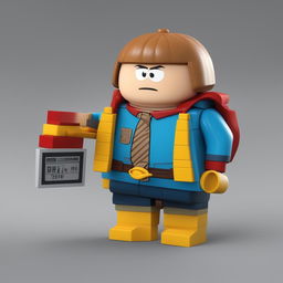 A digital 3D render of a noticeably plumper Lego character designed as Eric Cartman from South Park