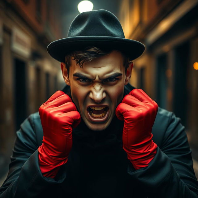 An angry young man dressed entirely in black clothing, wearing a matching black hat and striking red gloves