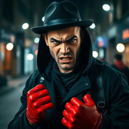 An angry young man dressed entirely in black clothing, wearing a matching black hat and striking red gloves