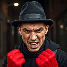 An angry young man dressed entirely in black clothing, wearing a matching black hat and striking red gloves