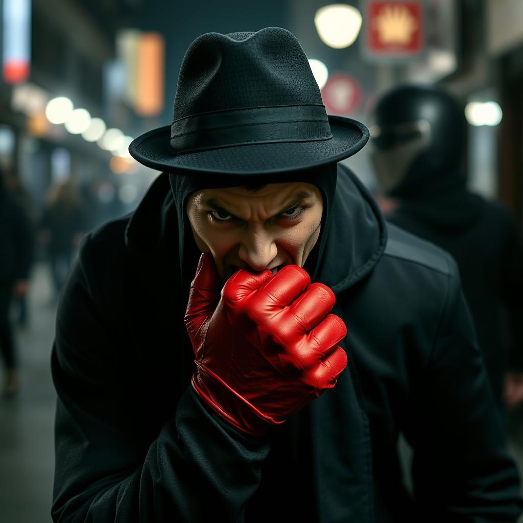 An angry young man dressed entirely in black clothing, wearing a matching black hat and striking red gloves