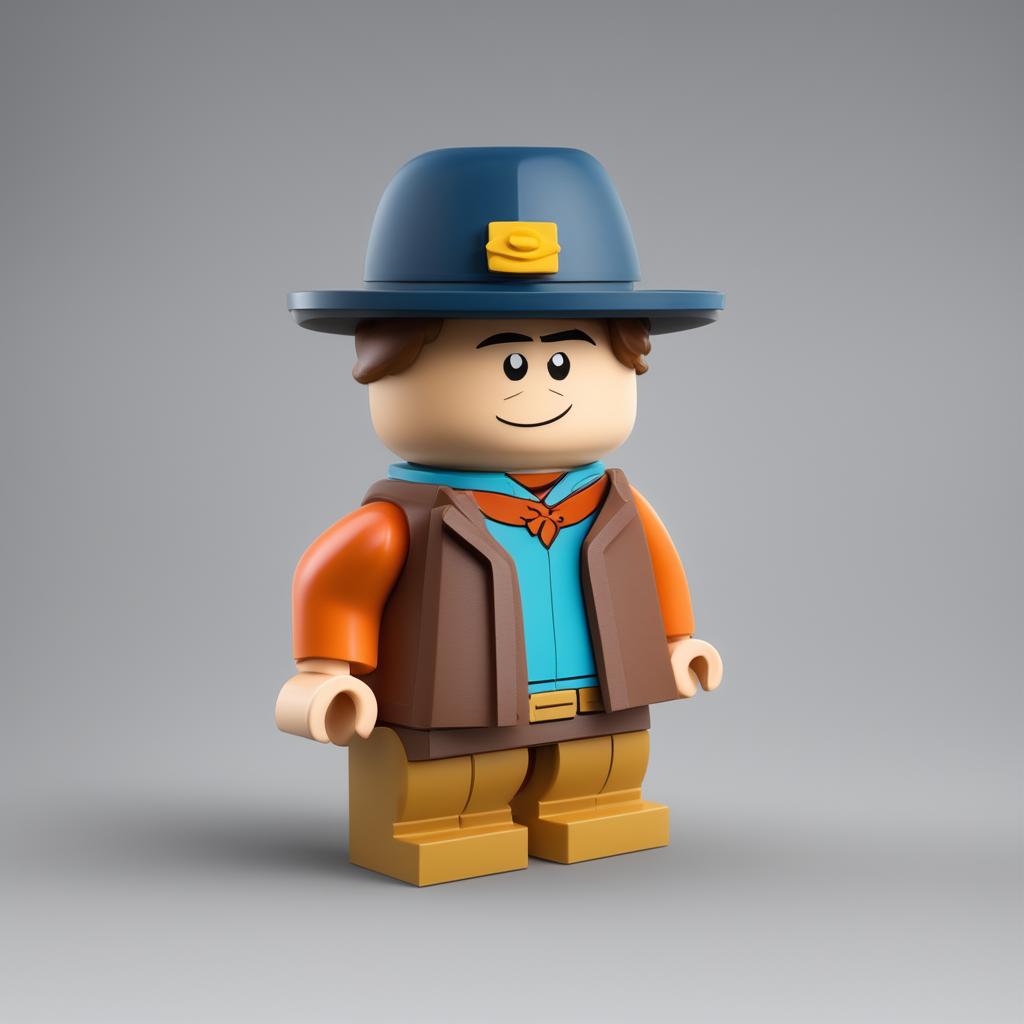 A digital 3D render of a noticeably plumper Lego character designed as Eric Cartman from South Park