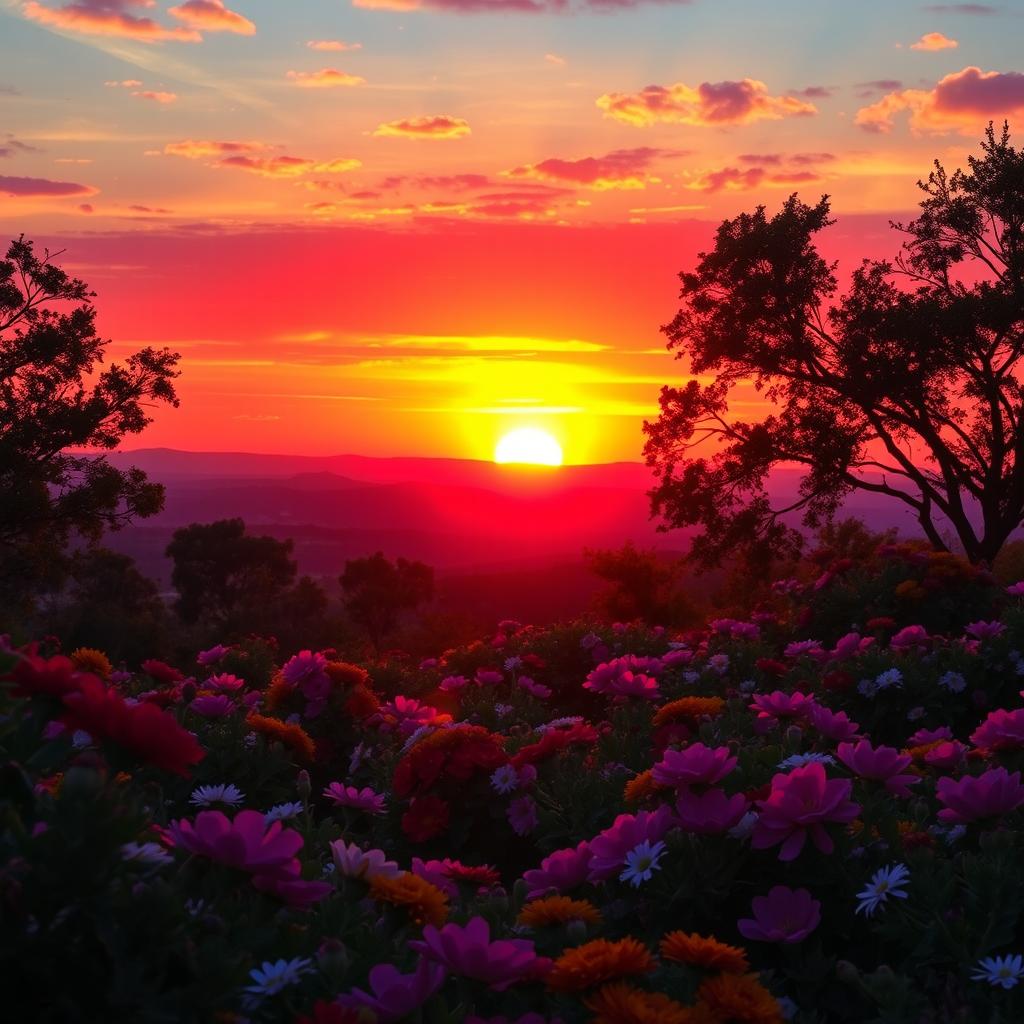 A breathtaking landscape featuring a vibrant sunset with the sun setting on the horizon, casting brilliant colors across the sky in shades of orange, pink, and purple