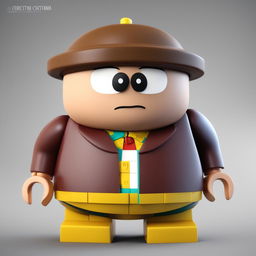 A digital 3D render of a noticeably plumper Lego character designed as Eric Cartman from South Park