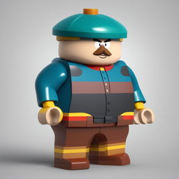 A digital 3D render of a noticeably plumper Lego character designed as Eric Cartman from South Park