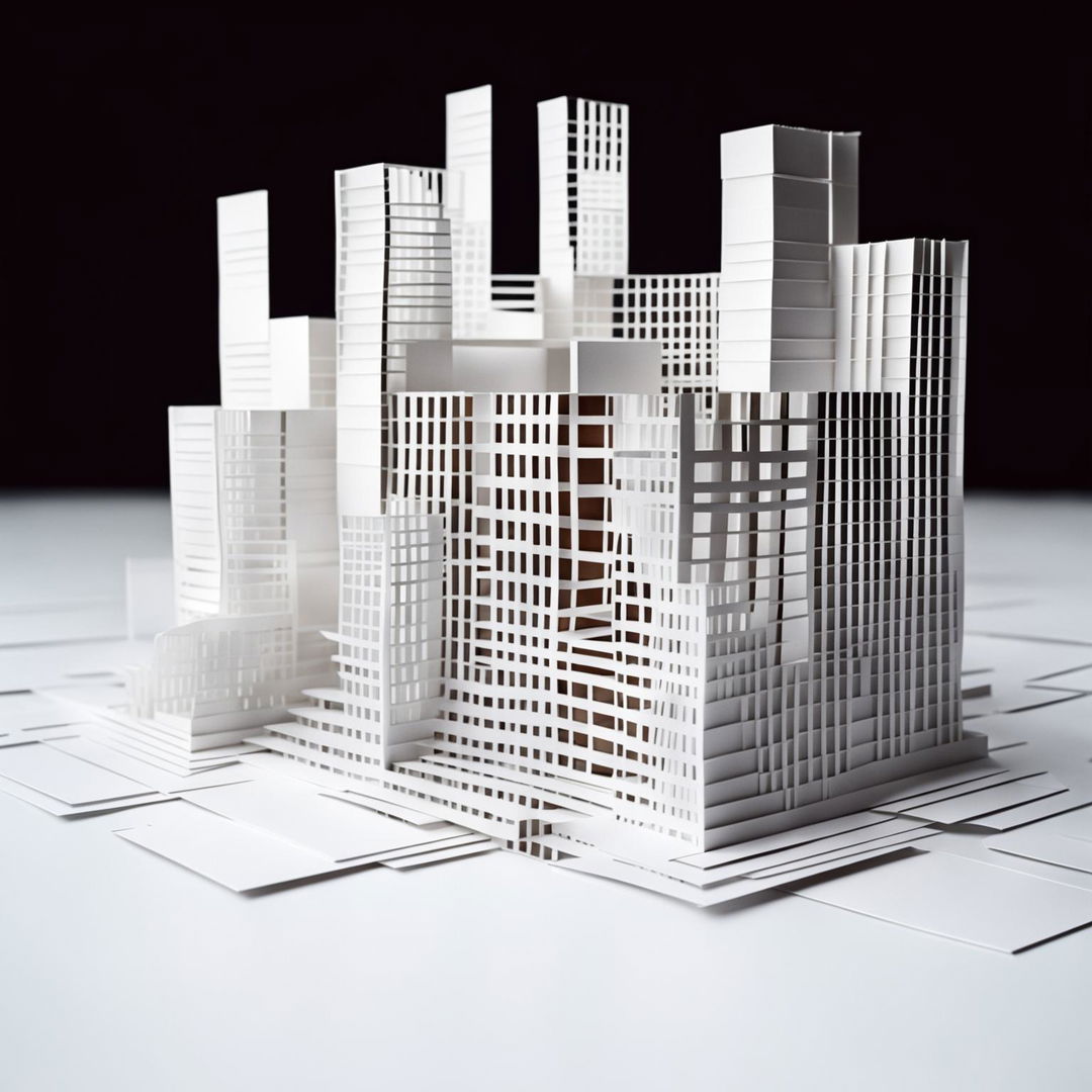 This is an architectural model crafted from pristine white card, inspired by the classic plaid pattern