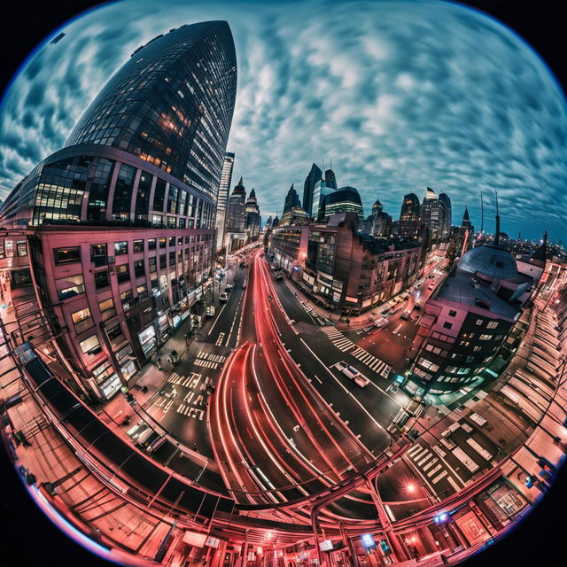 This is a high-quality digital photograph of a cityscape, captured through a fisheye lens