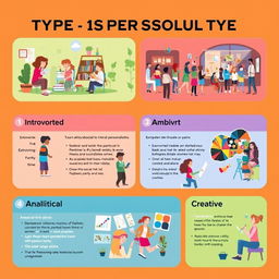 A vibrant infographic showcasing different types of personalities illustrated through engaging visuals and color-coded categories