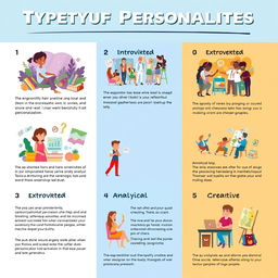 A vibrant infographic showcasing different types of personalities illustrated through engaging visuals and color-coded categories