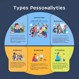 A vibrant infographic showcasing different types of personalities illustrated through engaging visuals and color-coded categories