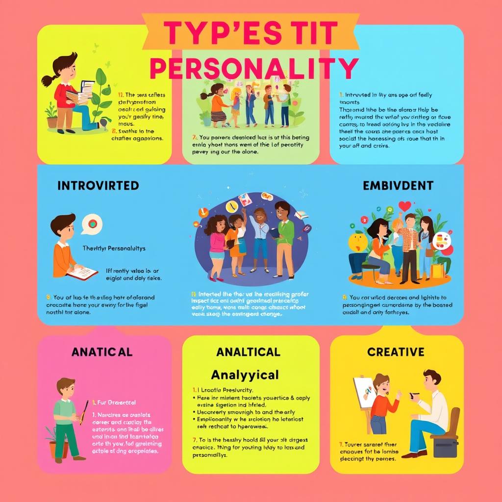 A vibrant infographic showcasing different types of personalities illustrated through engaging visuals and color-coded categories