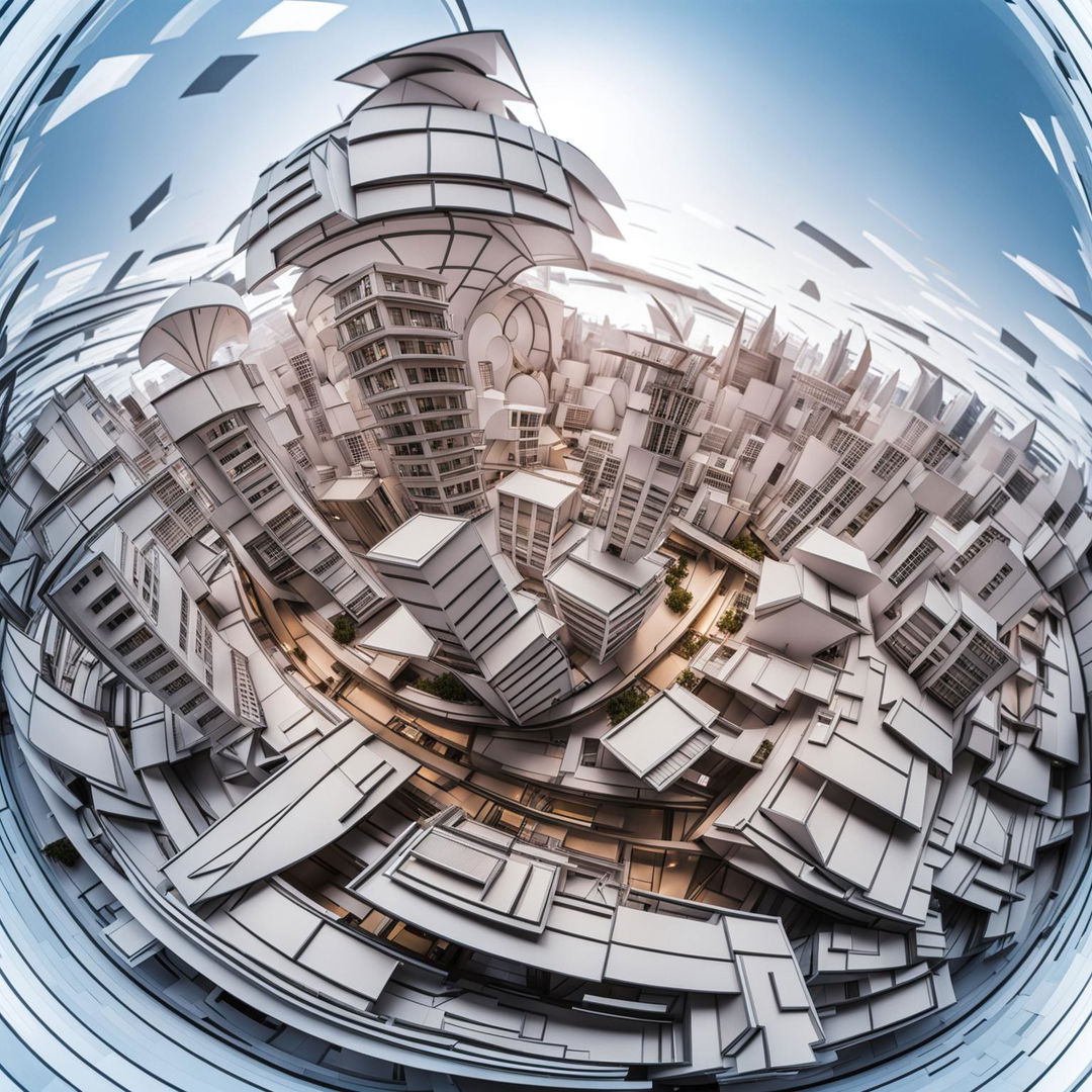 This is a high-quality digital photograph of a futuristic cityscape model made of white card, captured through a fisheye lens