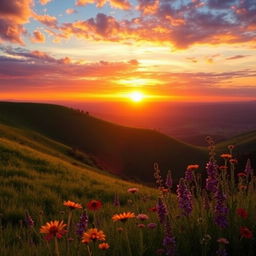 A stunning landscape featuring a vibrant sunset in the background, with a beautifully painted sky filled with a blend of warm oranges, pinks, and purples