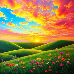 A stunning landscape featuring a vibrant sunset in the background, with a beautifully painted sky filled with a blend of warm oranges, pinks, and purples