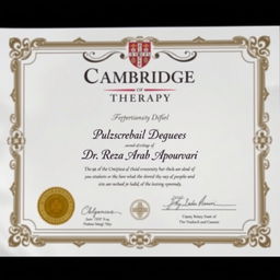 A fictional academic certificate for therapy issued by the University of Cambridge, featuring the name 'Dr