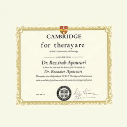 A fictional academic certificate for therapy issued by the University of Cambridge, featuring the name 'Dr