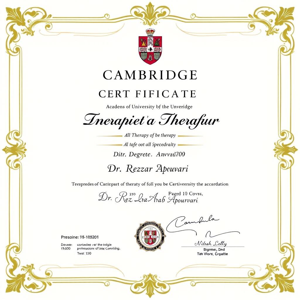 A fictional academic certificate for therapy issued by the University of Cambridge, featuring the name 'Dr