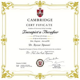 A fictional academic certificate for therapy issued by the University of Cambridge, featuring the name 'Dr