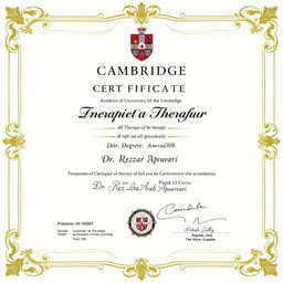 A fictional academic certificate for therapy issued by the University of Cambridge, featuring the name 'Dr