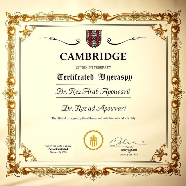 A fictional academic certificate for therapy issued by the University of Cambridge, featuring the name 'Dr