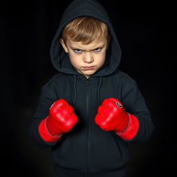 A young boy with an angry expression, fully dressed in black clothing including black shoes and a hoodie with the hood up