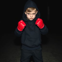 A young boy with an angry expression, fully dressed in black clothing including black shoes and a hoodie with the hood up