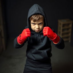 A young boy with an angry expression, fully dressed in black clothing including black shoes and a hoodie with the hood up
