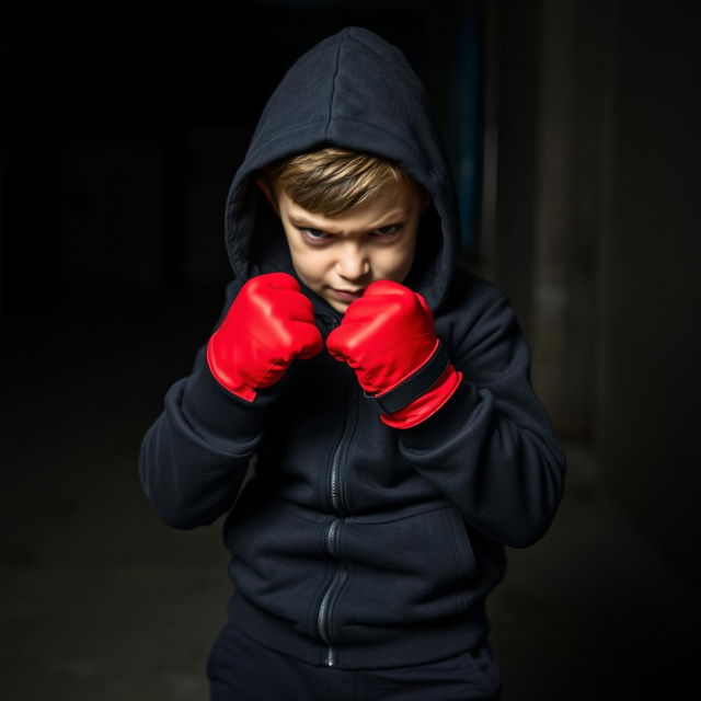 A young boy with an angry expression, fully dressed in black clothing including black shoes and a hoodie with the hood up